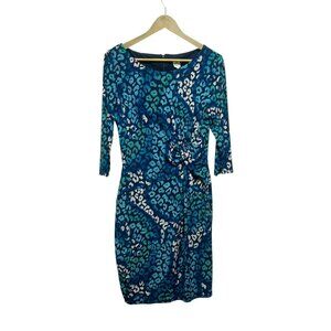 Sangaria Blue Animal Print Ruched Side Lined Stretchy Dress Size 10